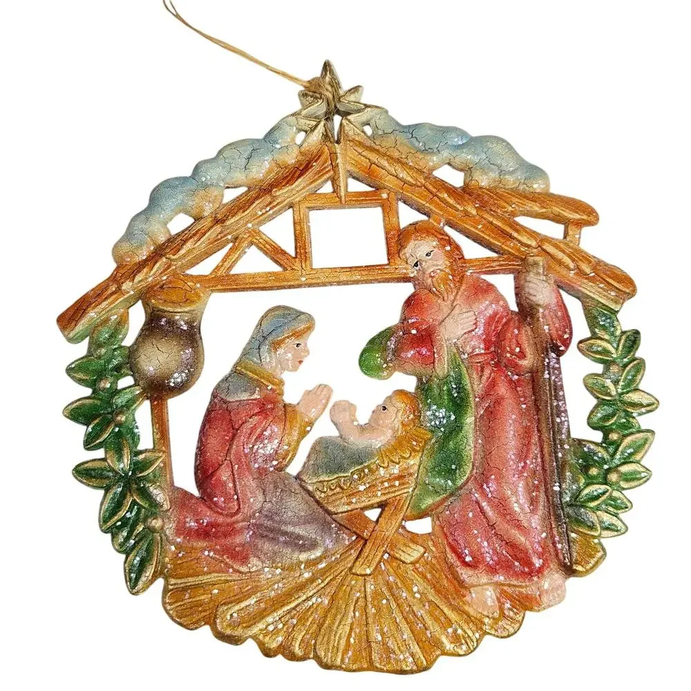 VTG 70s Christmas Tree Ornament Set of 2 Nativity Baby Jesus Mary Joseph Stable
